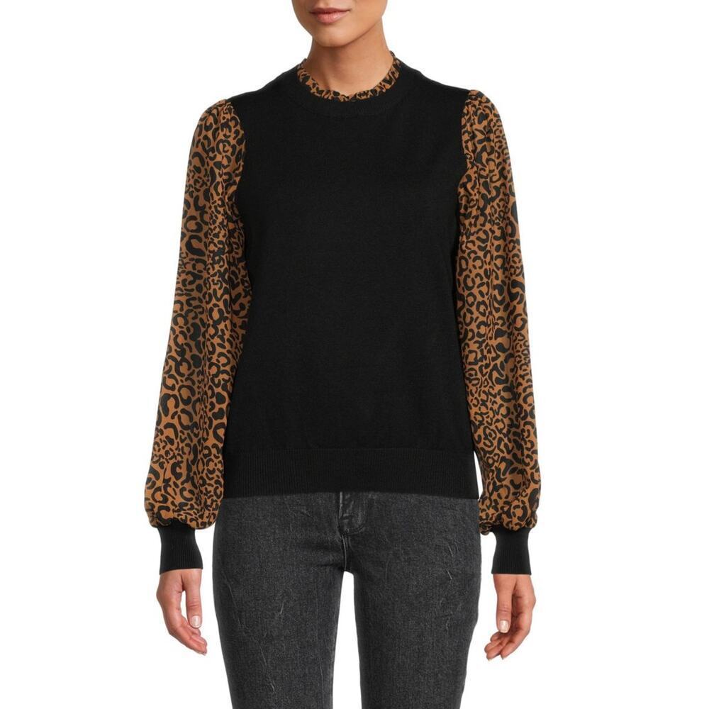 Nanette Lepore Animal Print Twofer Sweater Black Cheetah Womens Size Large NEW